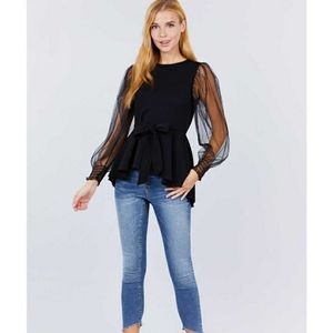 High low style top sheer long sleeve black w ties
